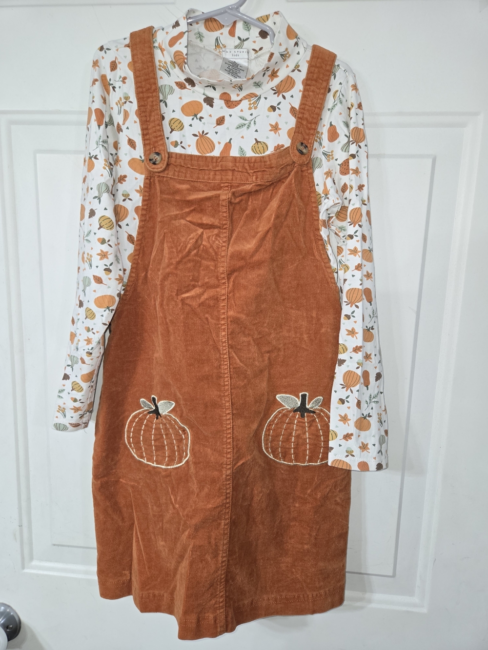 Max Studio Rust Orange Corduroy Pumpkin Pinafore Dress with Pumpkin Print Top